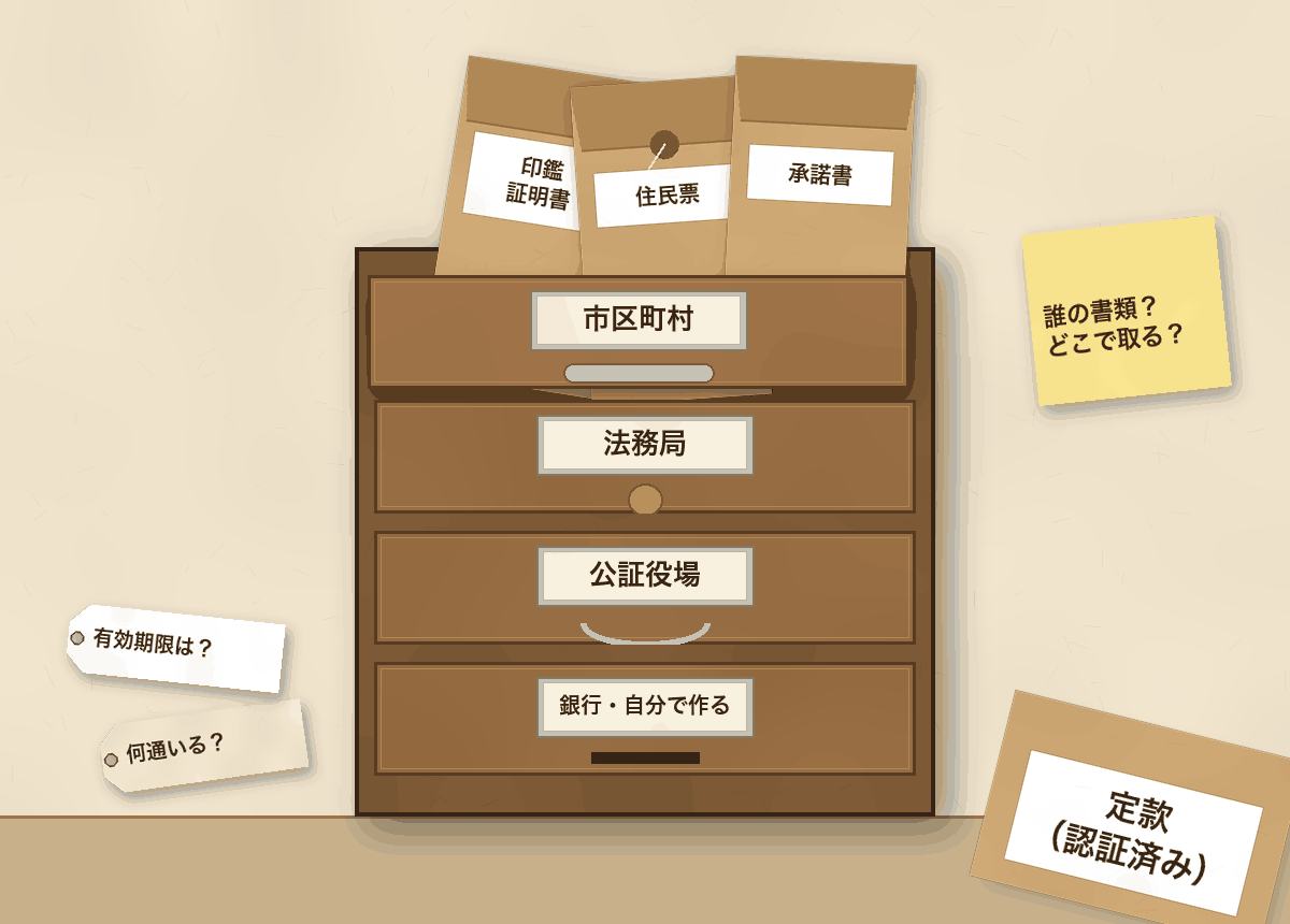 市区町村・法務局・公証役場・銀行と自分で作る書類のラベルがついたファイルキャビネットと、印鑑証明書・住民票・承諾書の封筒