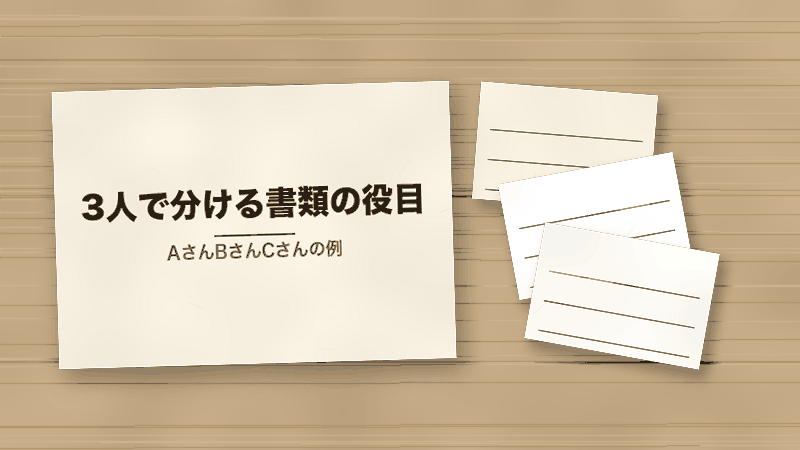 3人で分ける書類の役目（AさんBさんCさんの例）