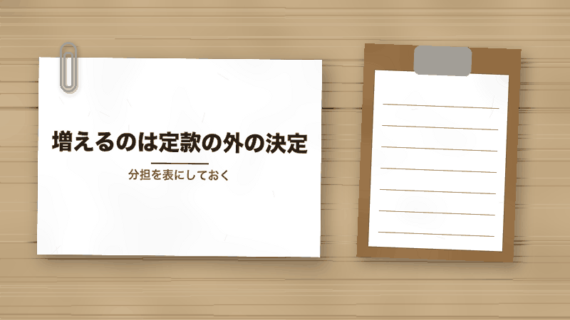 増えるのは定款の外の決定（分担を表にしておく）