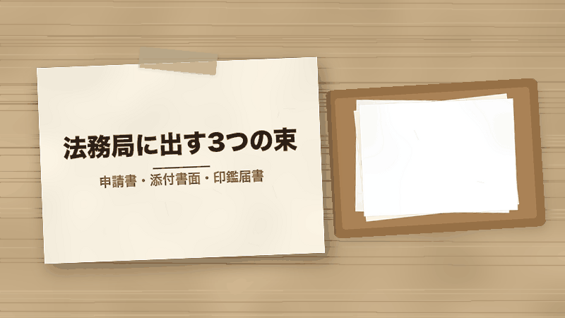 法務局に出す3つの束(申請書・添付書面・印鑑届書)