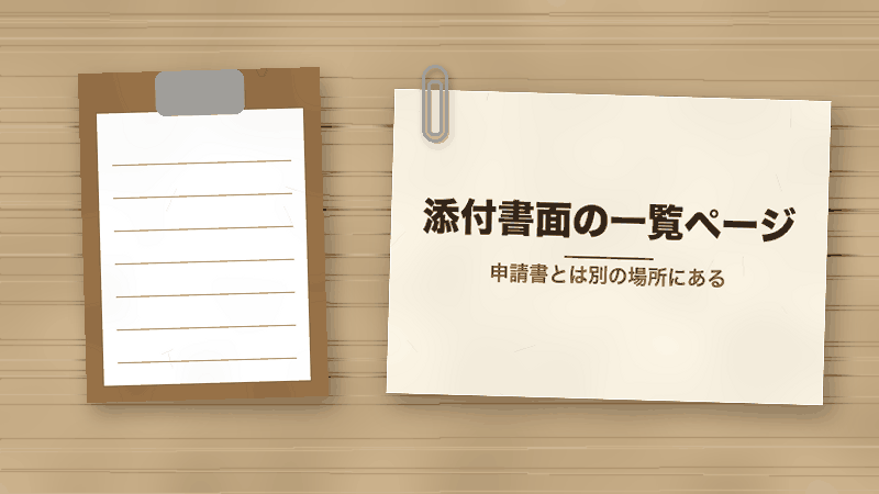 添付書面の一覧ページ（申請書とは別の場所にある）