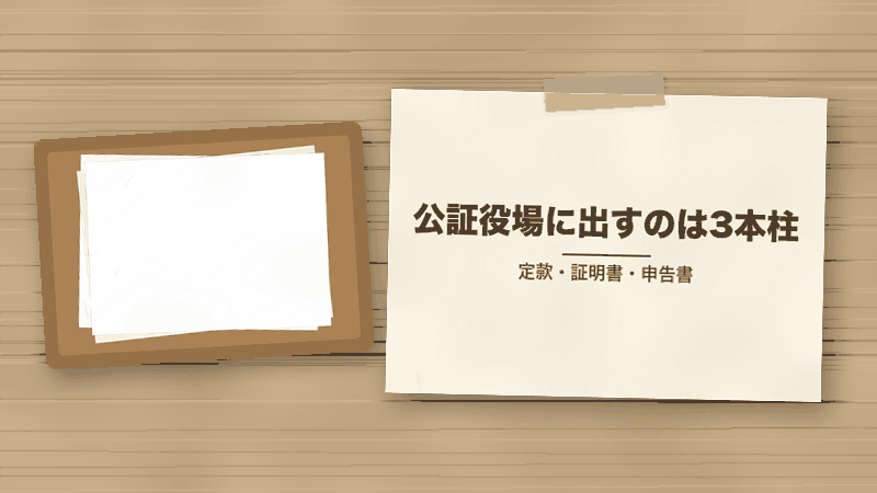 公証役場に出すのは3本柱(定款・証明書・申告書)