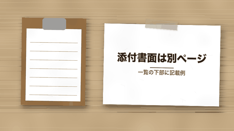 添付書面は別ページ(一覧の下部に記載例)